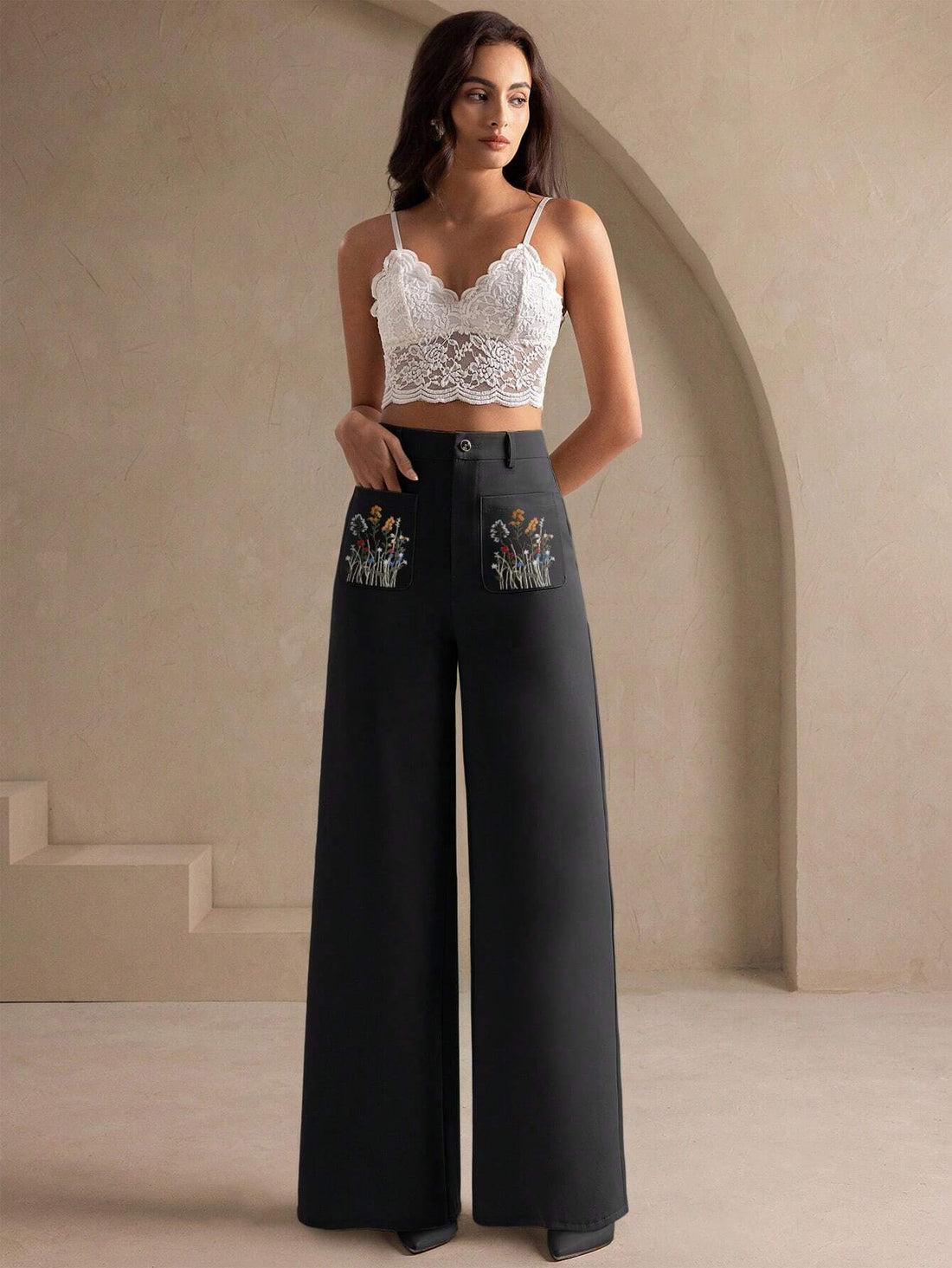 SAKHWALA Women’s High‑Waisted Wide‑Leg Palazzo Trousers with Embroidered Floral Pockets