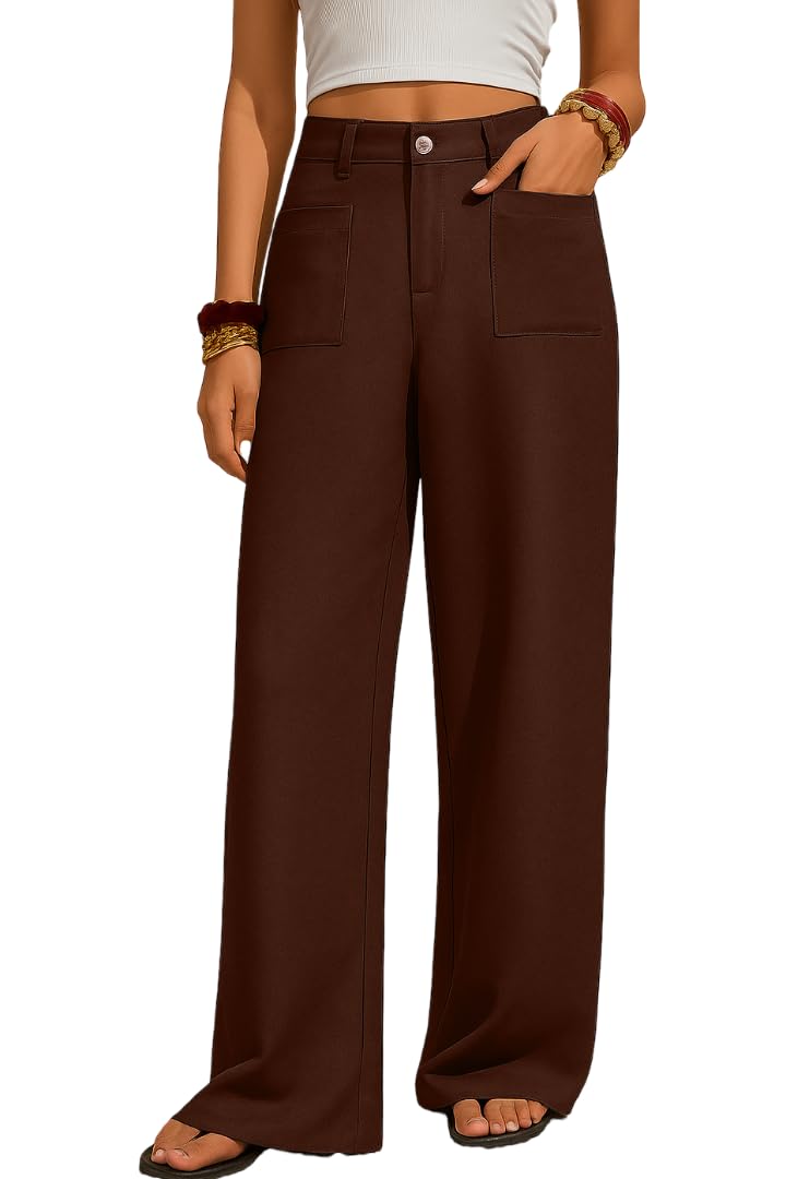 SAKHWALA Women Trouser | Wide Leg High Waist Trousers | Solid Formal & Casual Pants with Front Patch Pockets | Officewear, Travel, Lounge Bottom