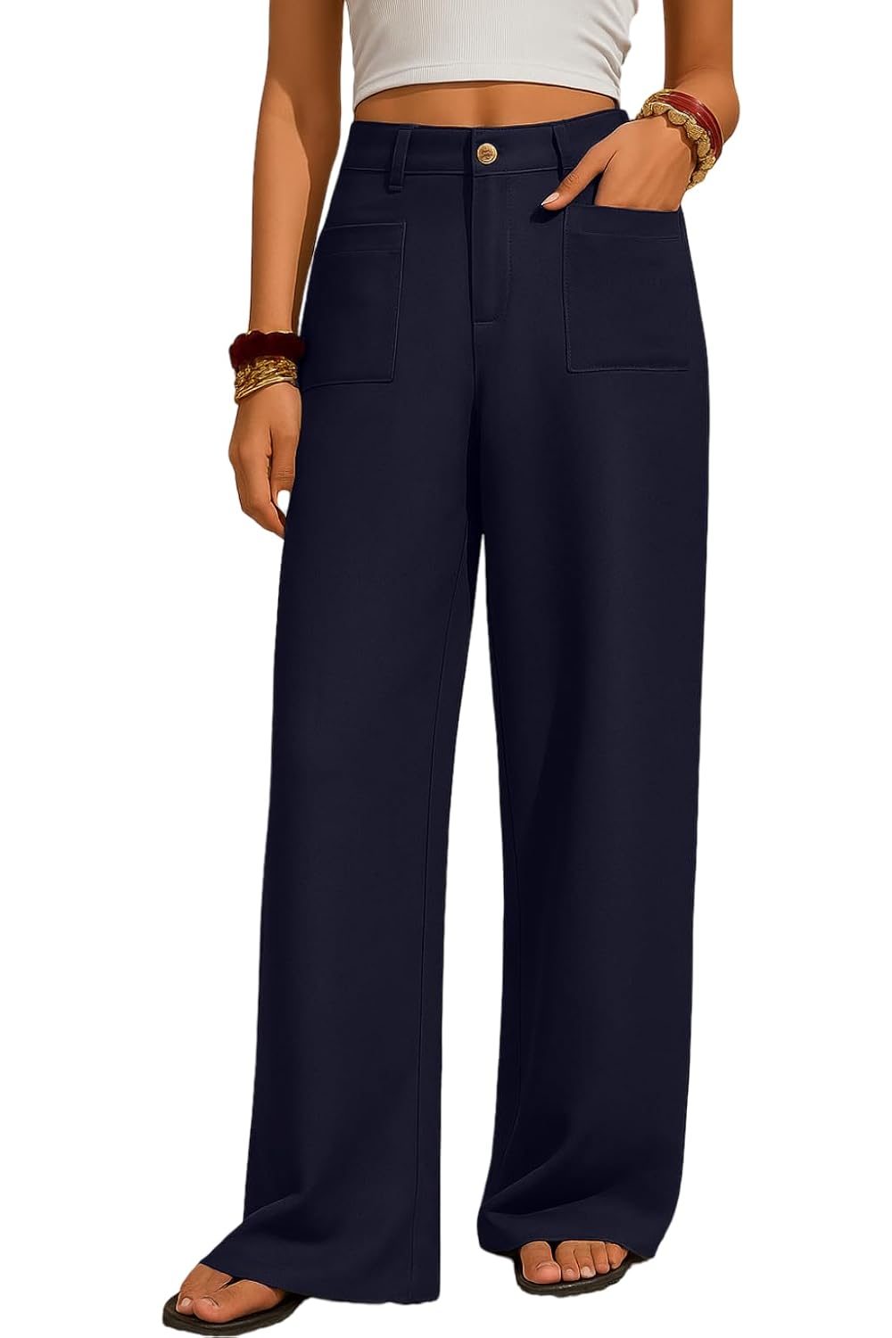 SAKHWALA Women Trouser | Wide Leg High Waist Trousers | Solid Formal & Casual Pants with Front Patch Pockets | Officewear, Travel, Lounge Bottom