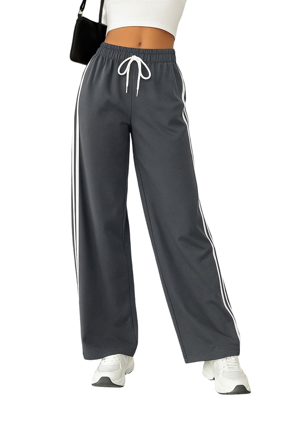 SAKHWALA Women Track Pant | Women's Wide Leg Track Pants High Waist Drawstring Sweatpants with Side Stripes, Casual Loose Fit Lounge Joggers, Dark Grey