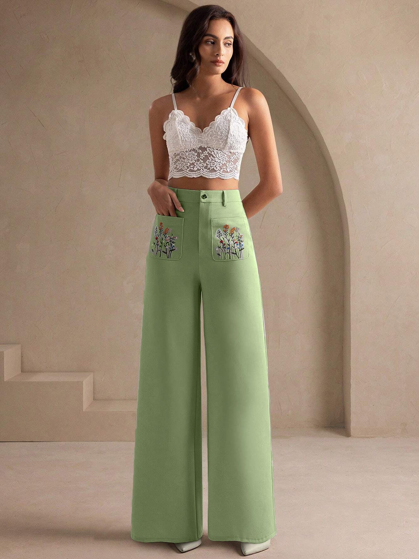 SAKHWALA Women’s High‑Waisted Wide‑Leg Palazzo Trousers with Embroidered Floral Pockets